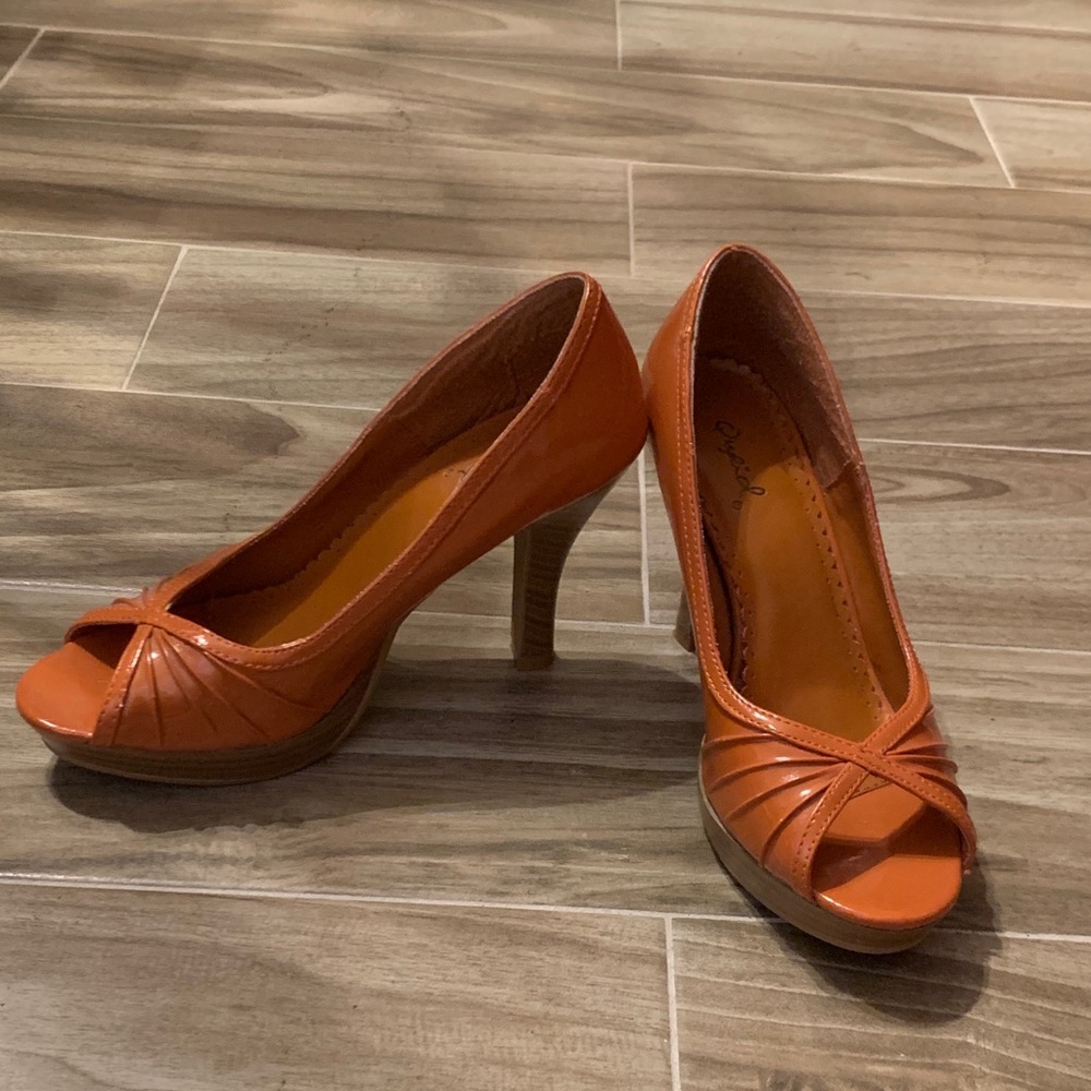 Qupid Burnt Orange Peep Toe Wood Heels